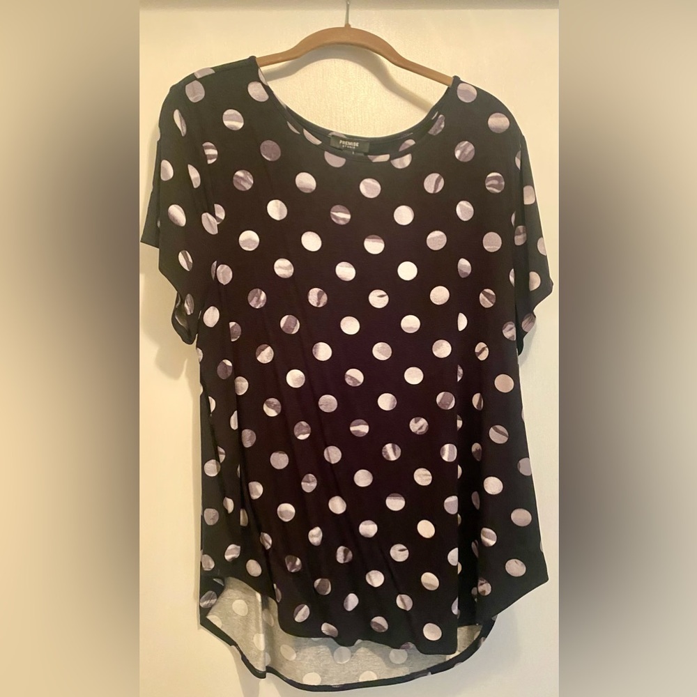 Only Worn Once. Premise Black and White Polka Dot Short Sleeve Top
